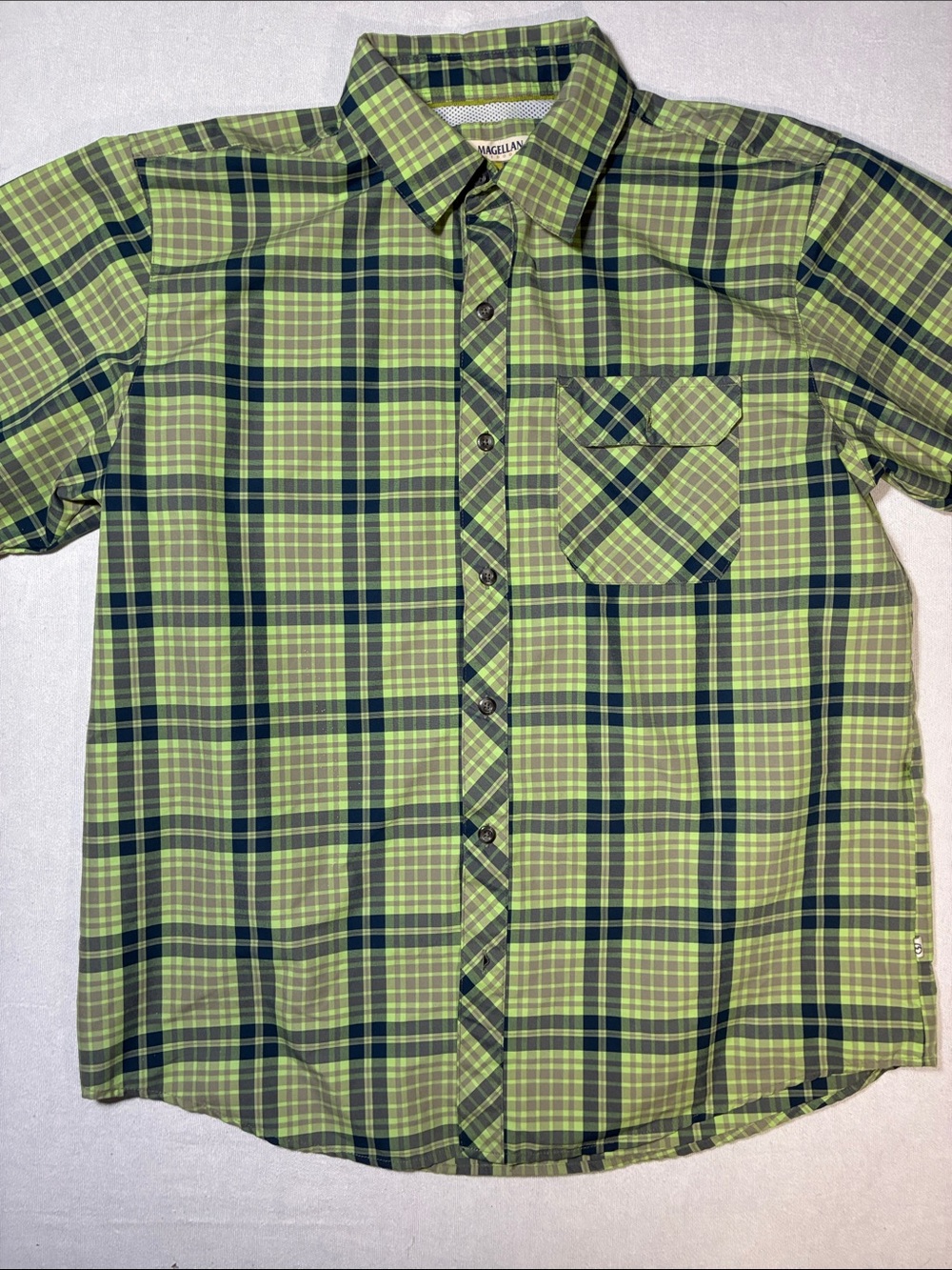 Magellan Outdoors Lime and Dark Green Plaid Short-Sleeve Button-Down Shirt